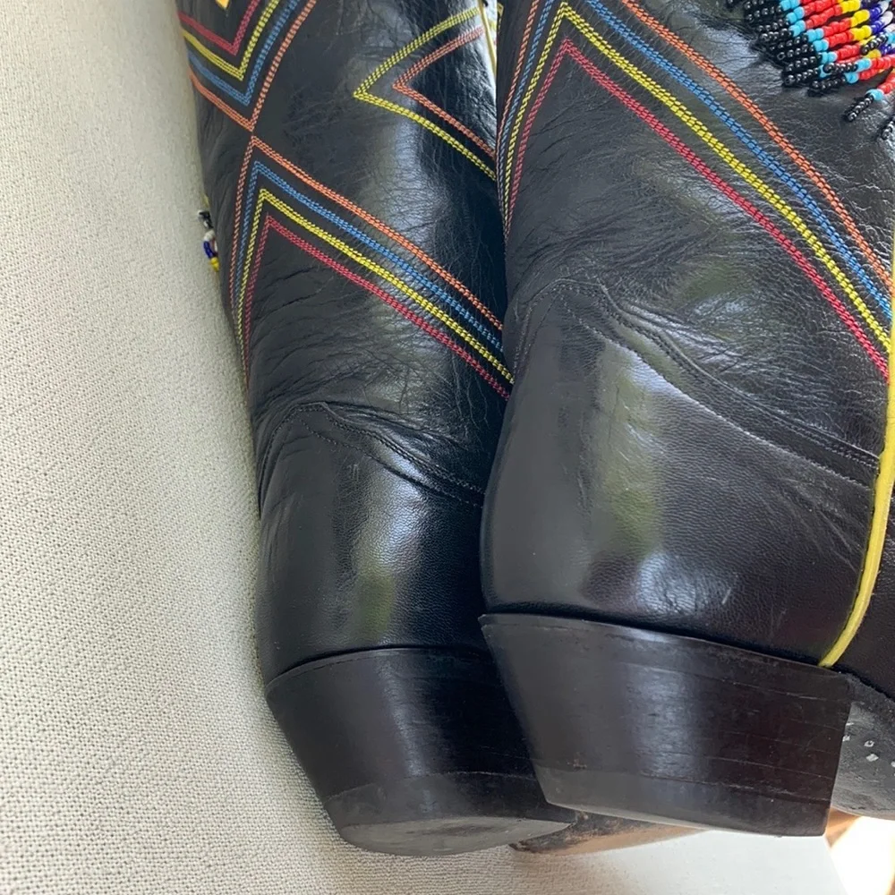 Larry Mahan Rare Vintage Aztec Beaded Fringe Black Leather Cowboy Western Boots - Picture 6 of 10